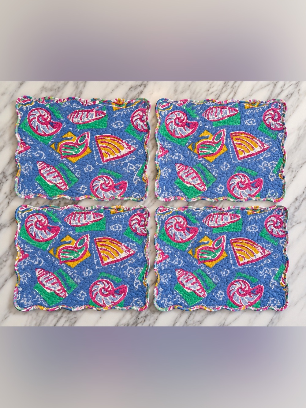 Vintage Coastal Seashell Quilted Placemats Set of 4- 100% Cotton